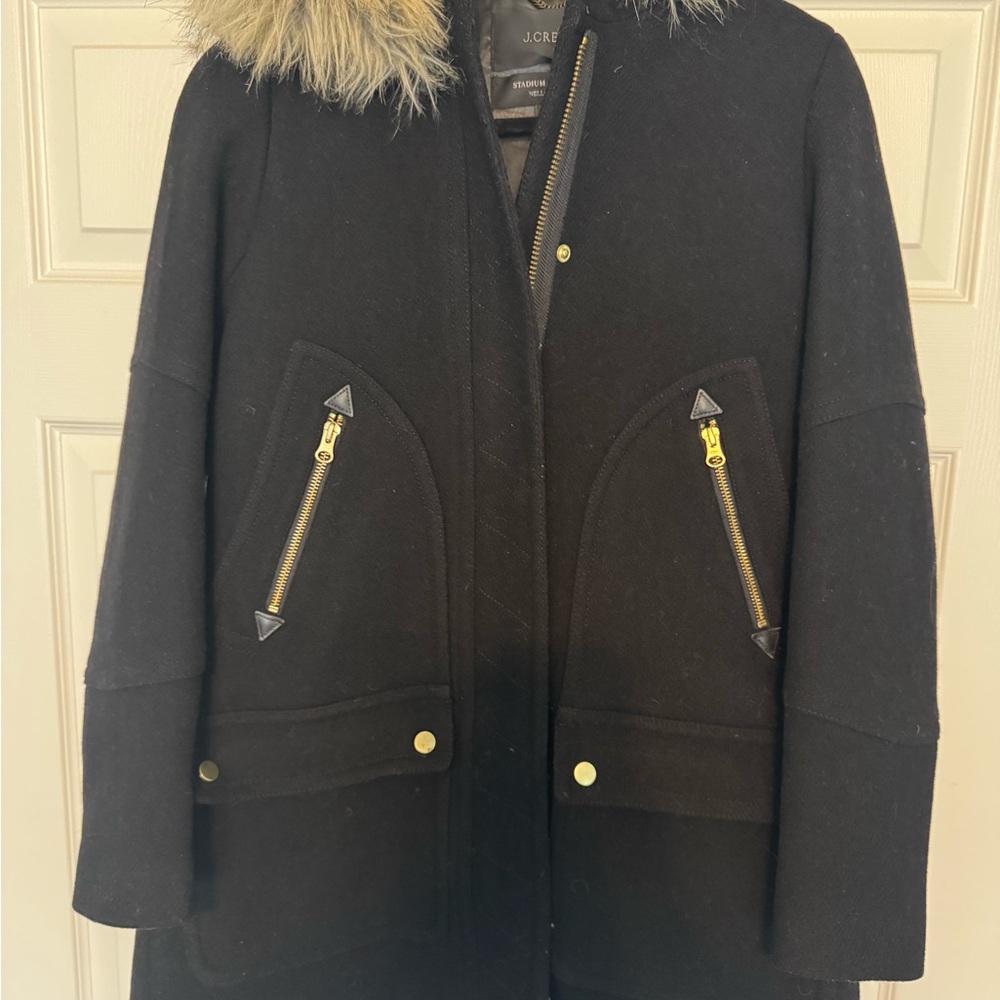 J. Crew Stadium Cloth Nello Gori Black Jacket with Fur Hood